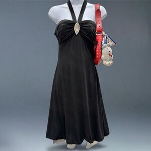 Y2K Halter Mini Dress Black Mesh Trim Rhinestone Detail Club Party XS